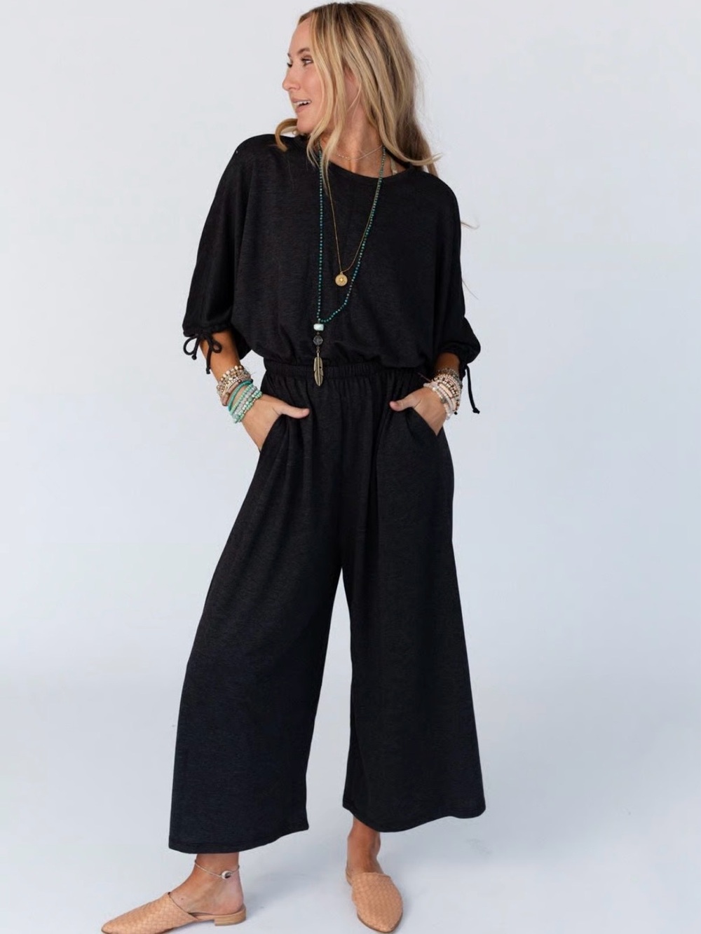 Three Bird Nest Black Wide-Leg Jumpsuit with Tie Sleeves